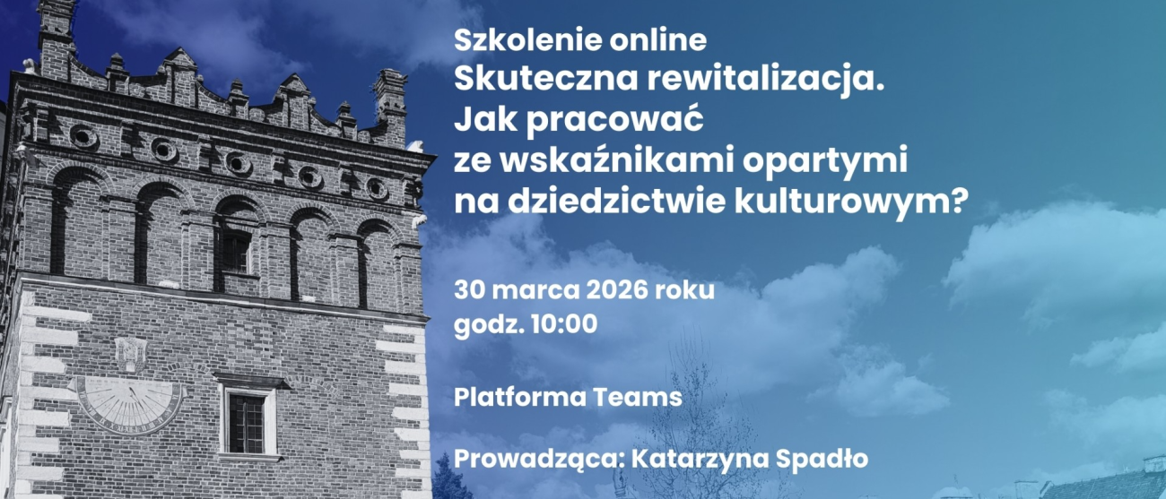 Grafika przedstawiająca zabytkowy budynek z cegły i informacje o szkoleniu