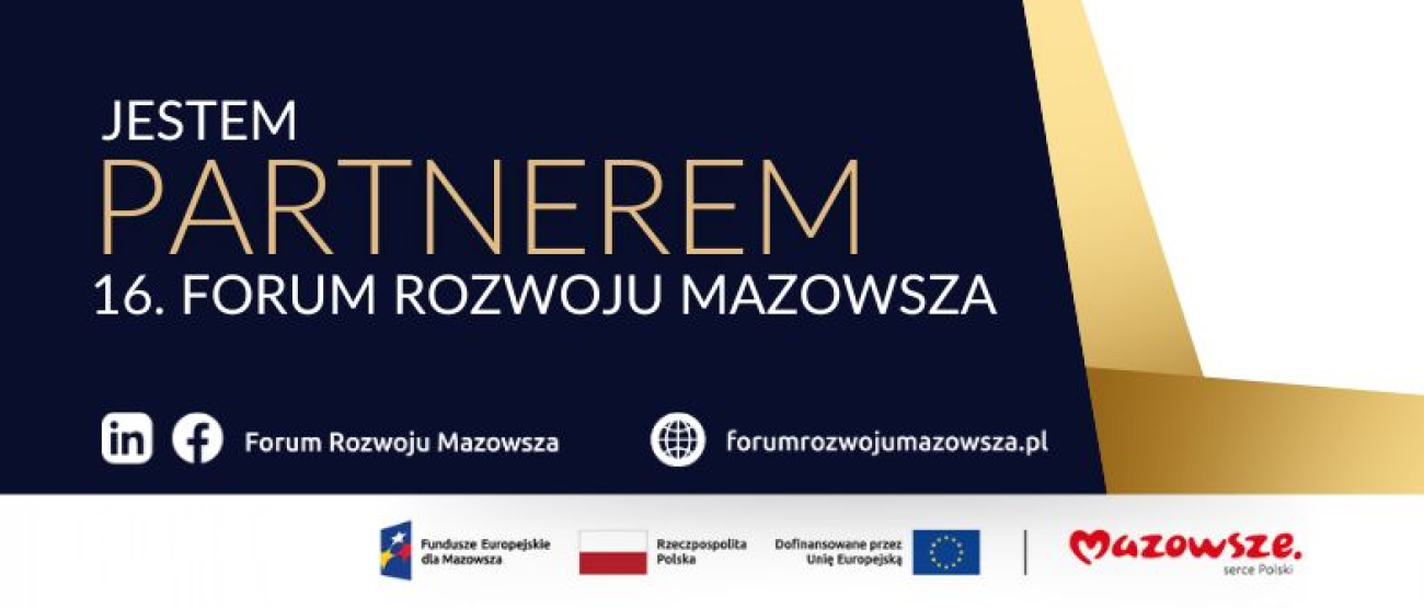 Grafika stanowiąca plakat informacyjny. Na grafice widnieje herb województwa oraz napisy: "Województwo Pomorskie", oraz "JESTEM PARTNEREM 16. FORUM ROZWOJU MAZOWSZA